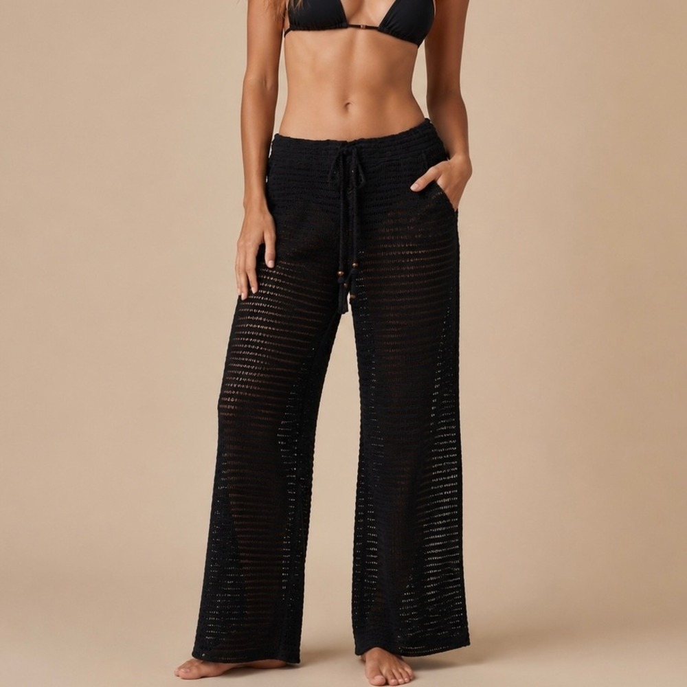 NWOT Haute Hippie Style Black Crochet Wide Leg Beach Coverup Pants L Boho Indie